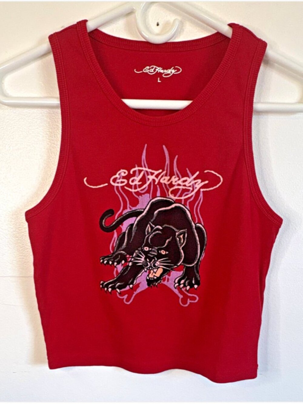 Ed Hardy Women’s Red Ribbed Cropped Knit Tank Top Panther Graphic Logo Size L